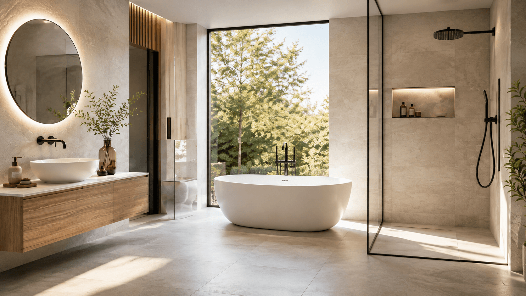 Modernes Badezimmer mit freistehender Badewanne und Regendusche