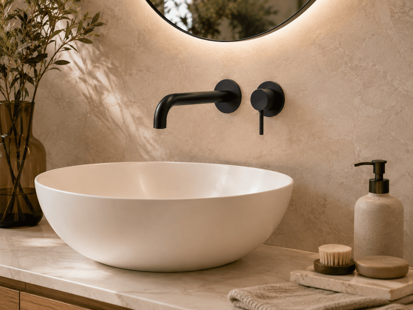 Wandarmatur über einer Aufsatzwaschschale